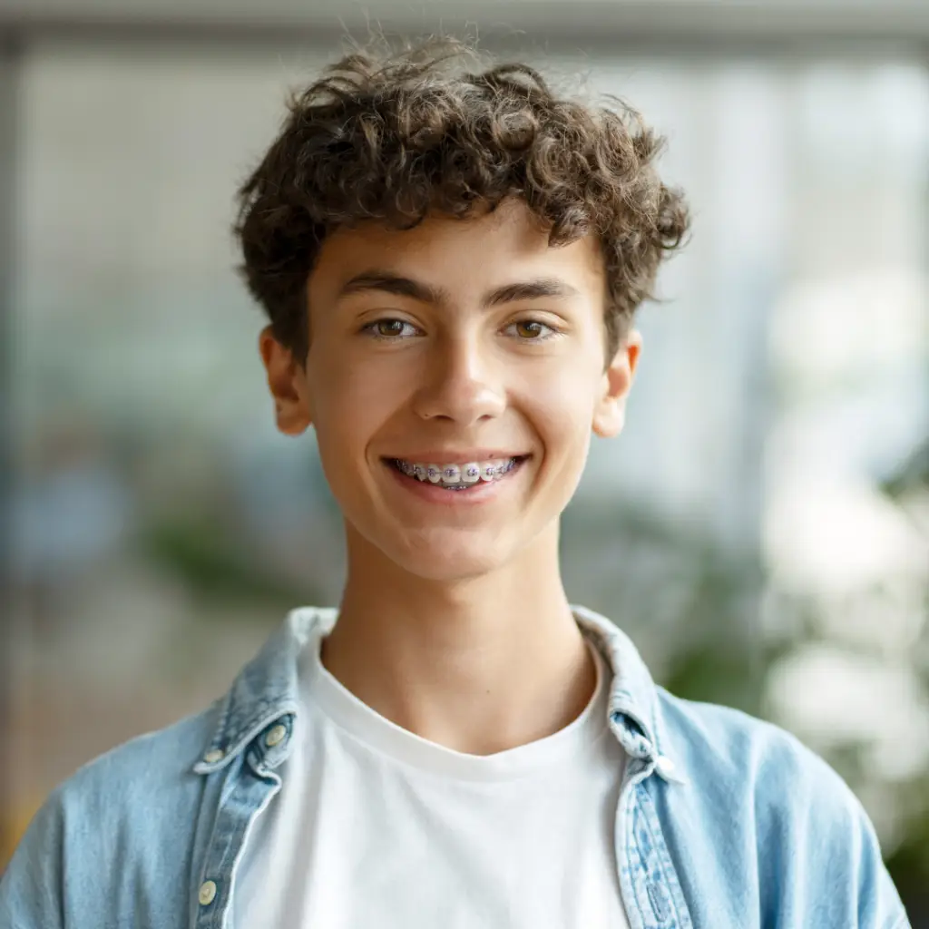 CBIT Therapy. Smiling boy teen who is wearing braces and has curly hair