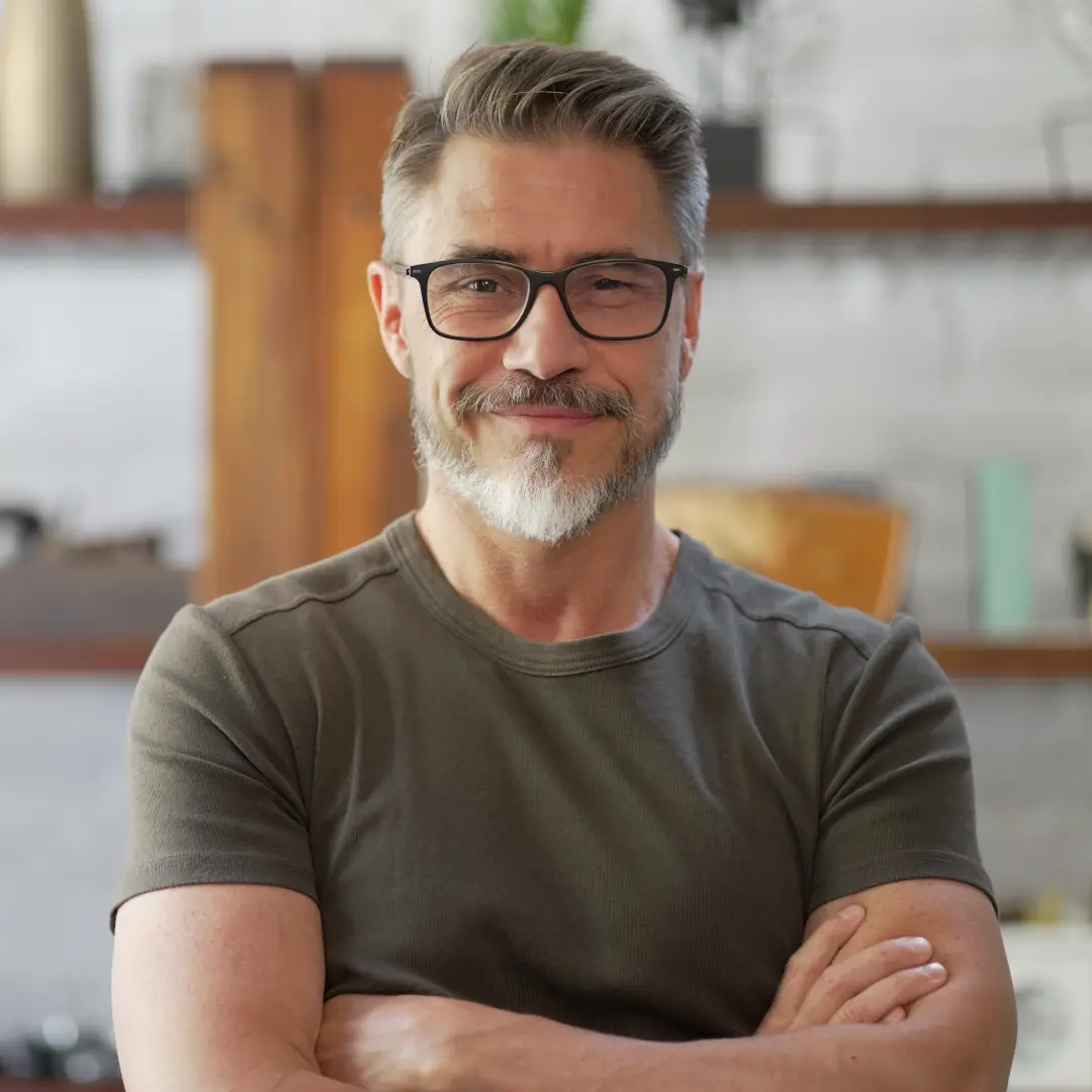CBIT Therapy. Smiling confident man with greying hair and wearing glasses