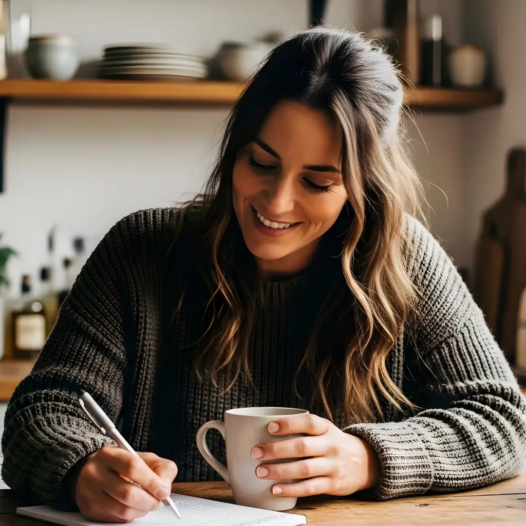 CBIT Therapy. Woman smiling and writing in a notebook