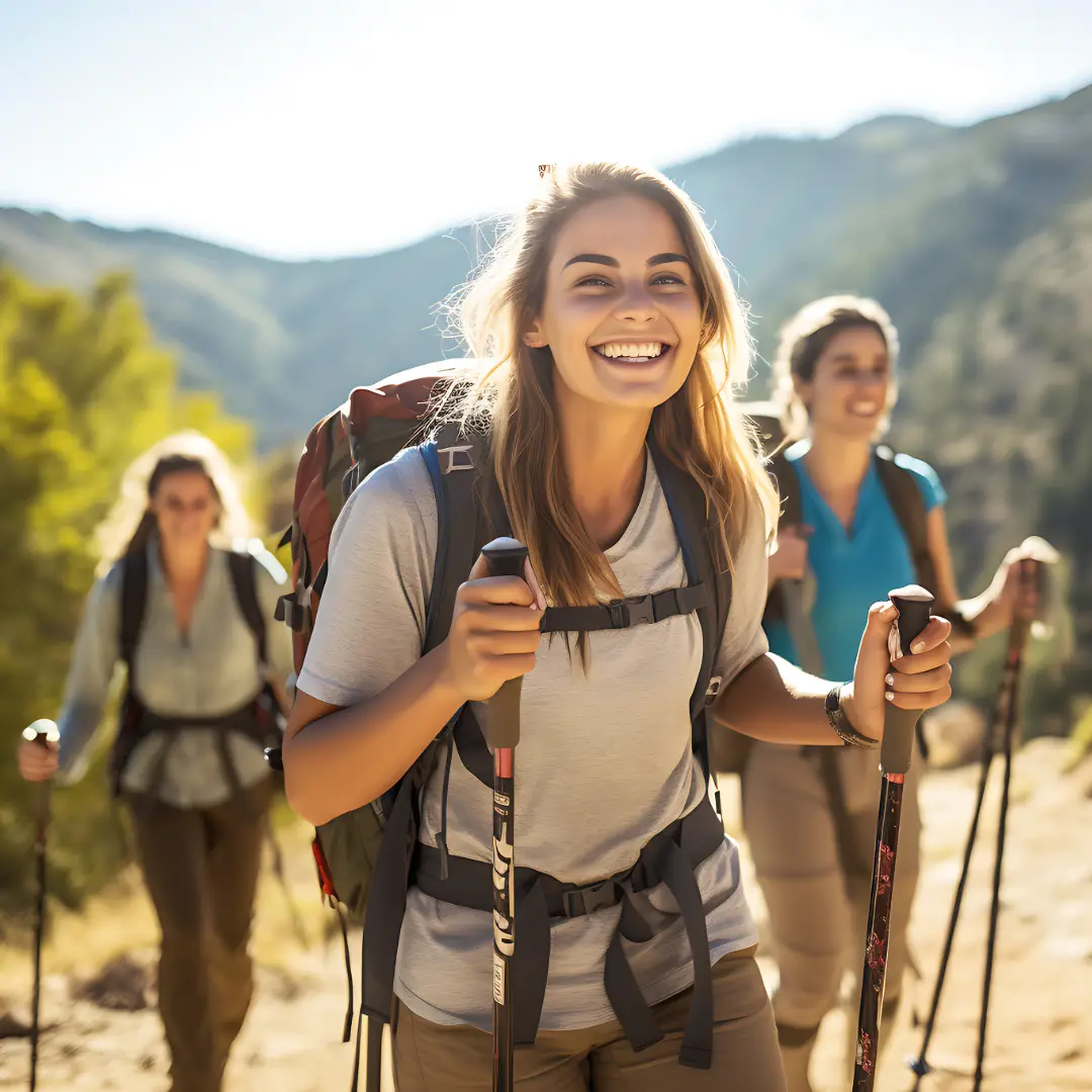 Adult Mental Health Assessments. Women friends smiling and hiking up a mountain